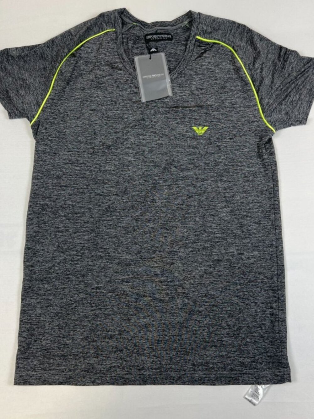 Emporio Armani Women M T-Shirt Gray Heather Neon Green Trim Stretch Athletic NWT